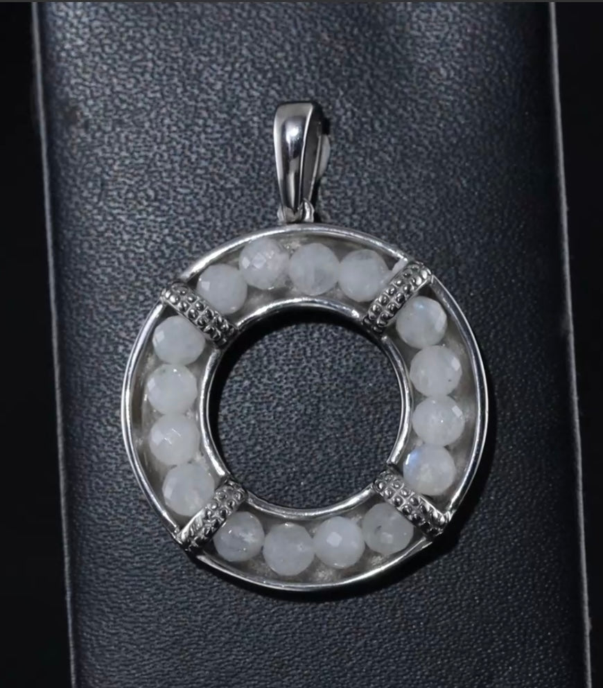 Rainbow Moonstone Circular Stainless Steel Pendant With Chain
