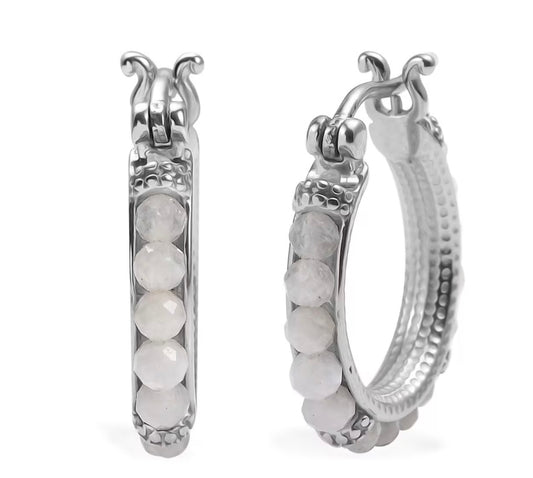 Rainbow Moonstone Stainless Steel Hoop Earrings
