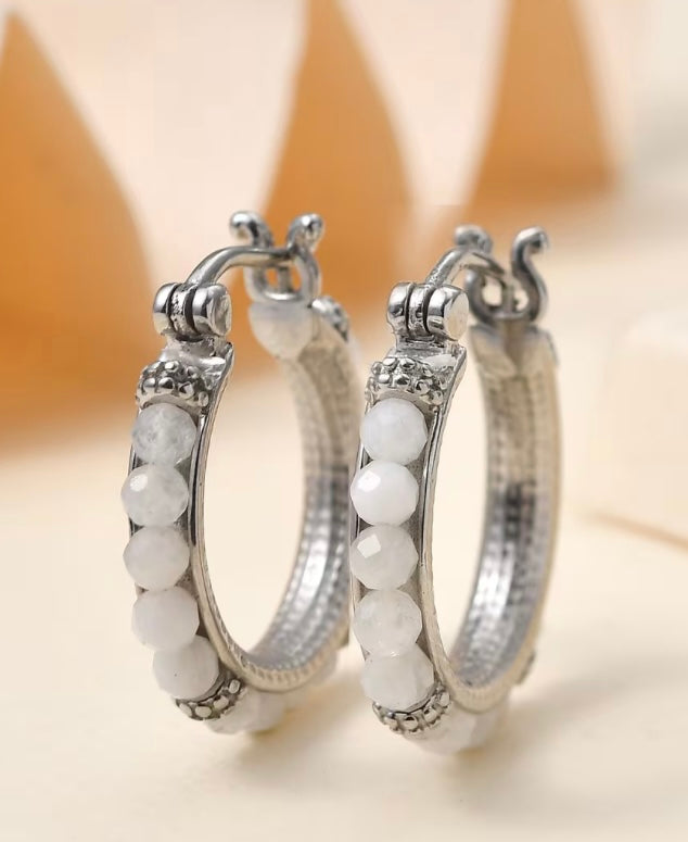 Rainbow Moonstone Stainless Steel Hoop Earrings