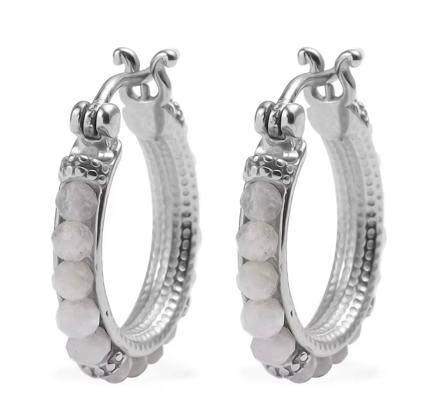 Rainbow Moonstone Stainless Steel Hoop Earrings