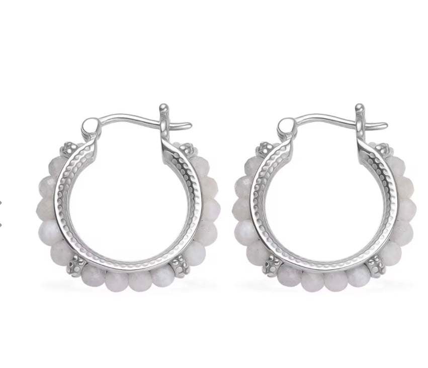 Rainbow Moonstone Stainless Steel Hoop Earrings