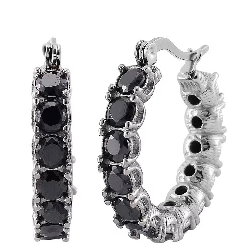 Black Diamond Simulant Stainless Steel Hoop Earrings