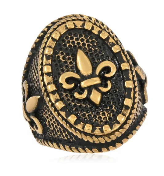 Fleur-de-lis Yellow Gold Ion Plated Oxidized Stainless Steel Ring