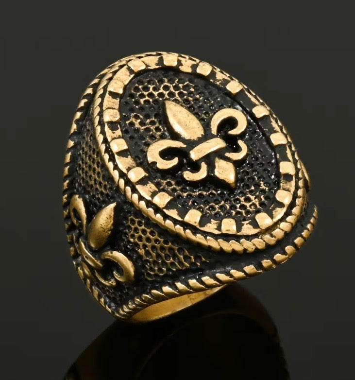 Fleur-de-lis Yellow Gold Ion Plated Oxidized Stainless Steel Ring