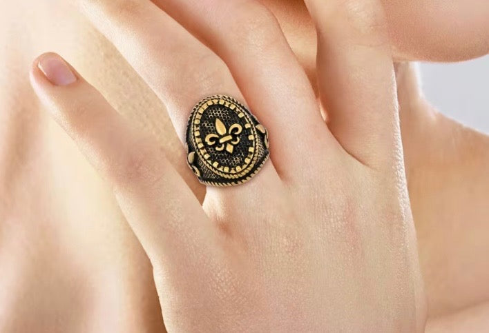 Fleur-de-lis Yellow Gold Ion Plated Oxidized Stainless Steel Ring