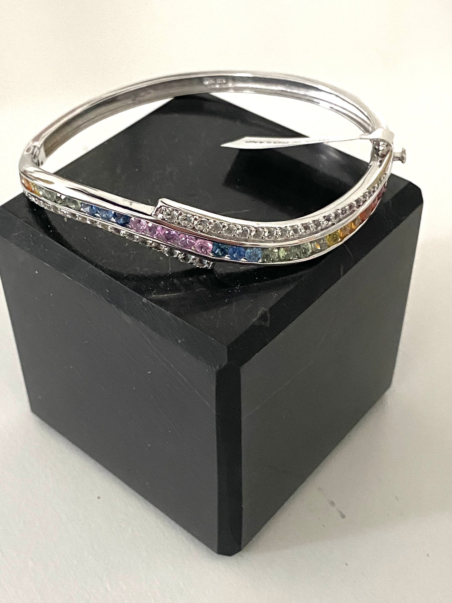 Rainbow Sapphire & White Zircon Bangle Bracelet Wave Design
