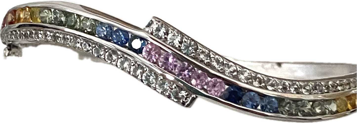 Rainbow Sapphire & White Zircon Bangle Bracelet Wave Design