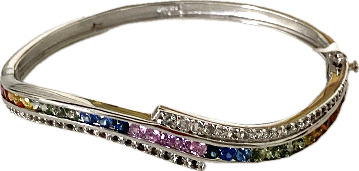 Rainbow Sapphire & White Zircon Bangle Bracelet Wave Design