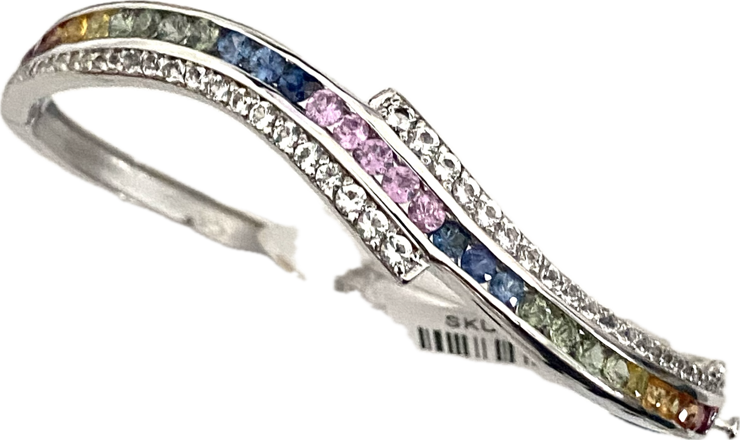 Rainbow Sapphire & White Zircon Bangle Bracelet Wave Design
