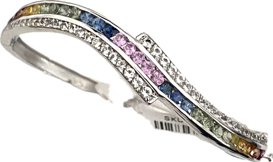 Rainbow Sapphire & White Zircon Bangle Bracelet Wave Design