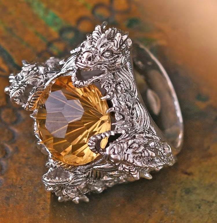 Artisan Crafted Starburst Cut Citrine Dragon Ring