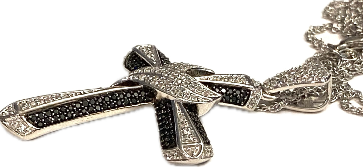 Black Spinel & White Zircon Large Silver Cross Pendant