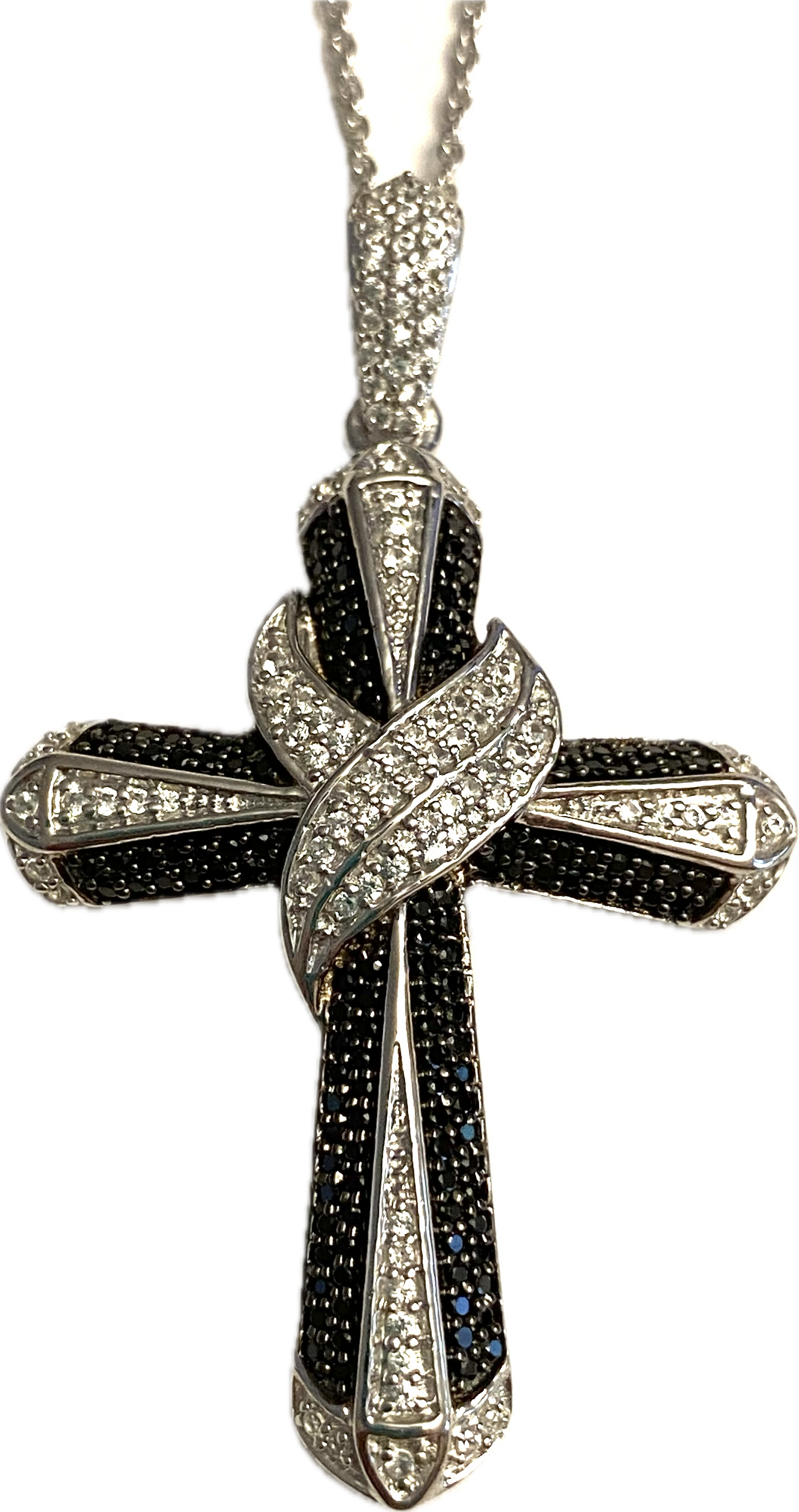 Black Spinel & White Zircon Large Silver Cross Pendant