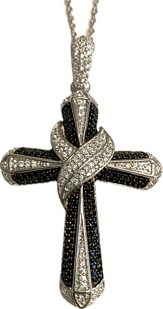 Black Spinel & White Zircon Large Silver Cross Pendant