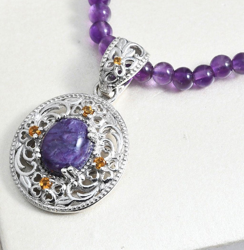 Siberian Charoite Multi Gem Enhancer Pendant & Beaded Necklace