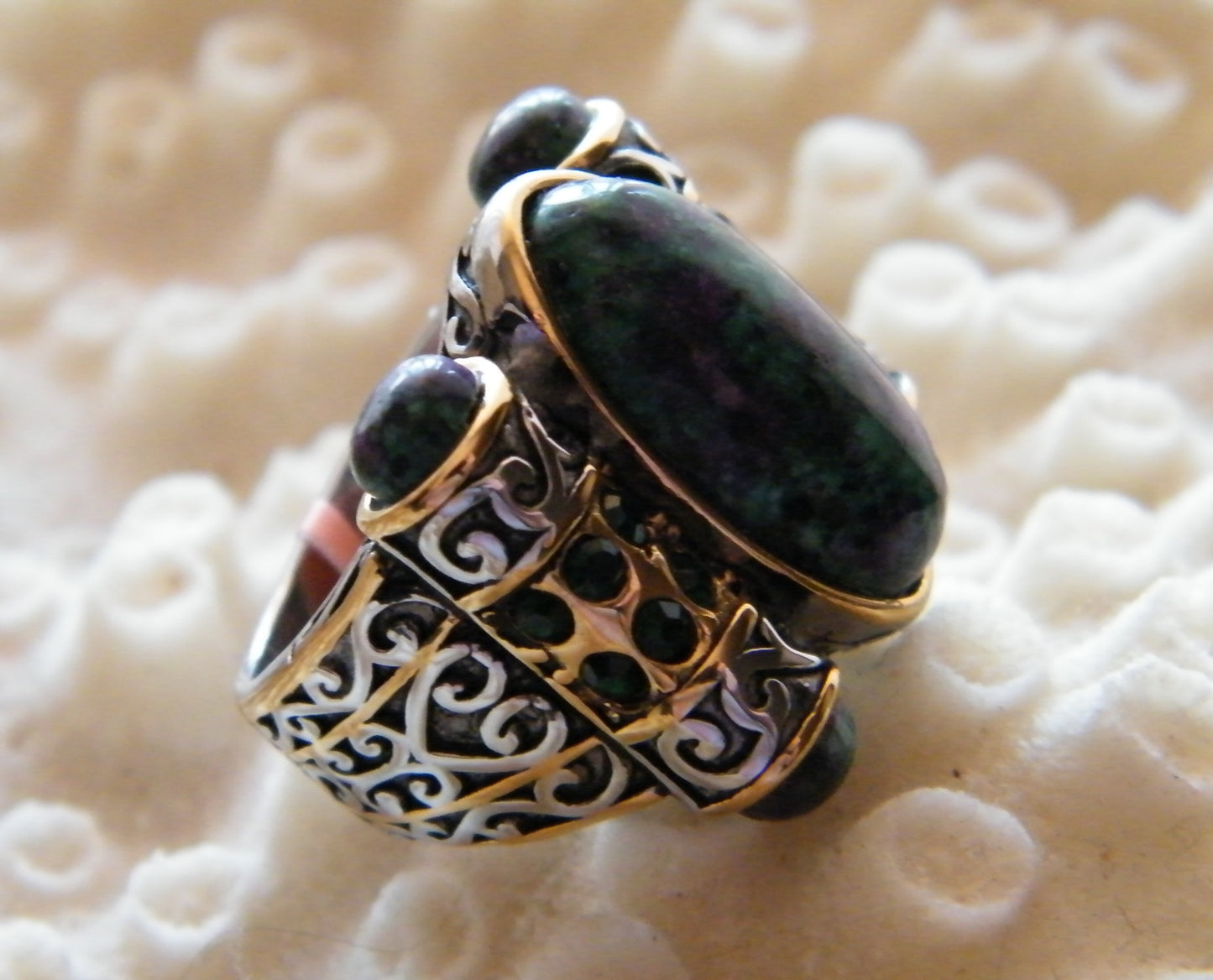 Ruby Zoisite & Austrian Chrystals Stainless Steel Ring