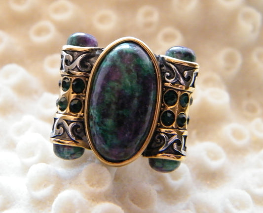Ruby Zoisite & Austrian Chrystals Stainless Steel Ring