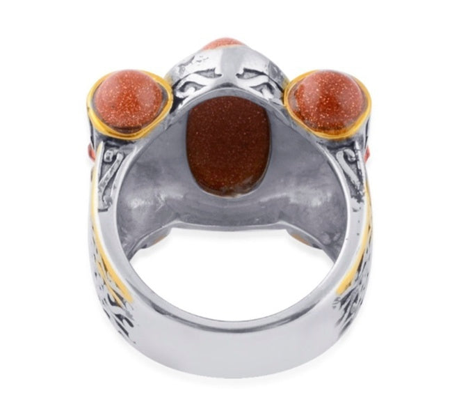 Red Goldstone & Austrian Chrystal Stainless Steel Ring