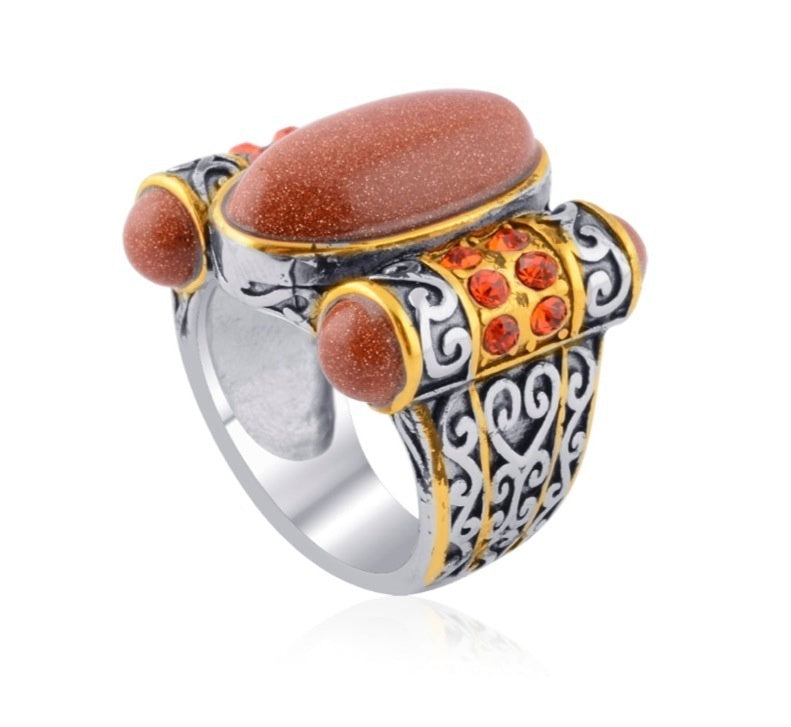 Red Goldstone & Austrian Chrystal Stainless Steel Ring
