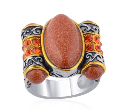 Red Goldstone & Austrian Chrystal Stainless Steel Ring