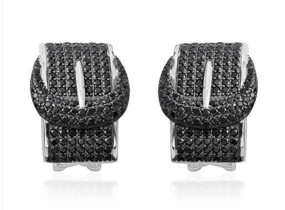 Thai Black Spinel Rhodium Over 925 Sterling Silver Buckle  Earrings