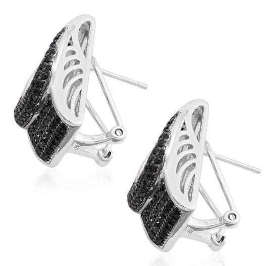 Thai Black Spinel Rhodium Over 925 Sterling Silver Buckle  Earrings