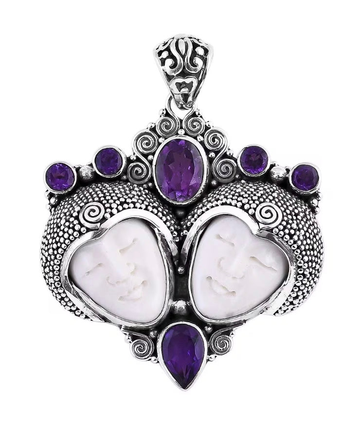 Bali Goddess Gemini Carved Bone Amethyst Silver Pendant