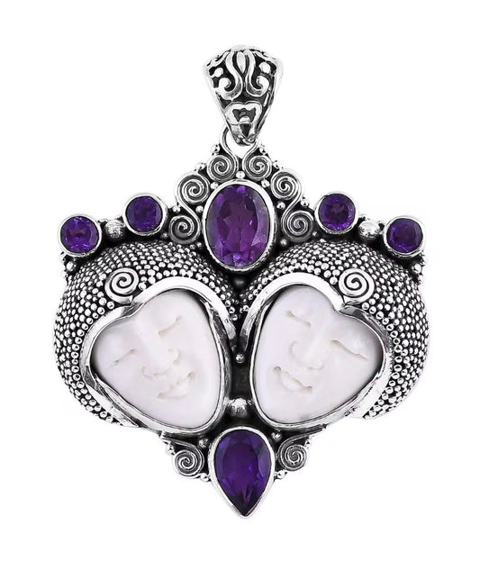 Bali Goddess Gemini Carved Bone Amethyst Silver Pendant