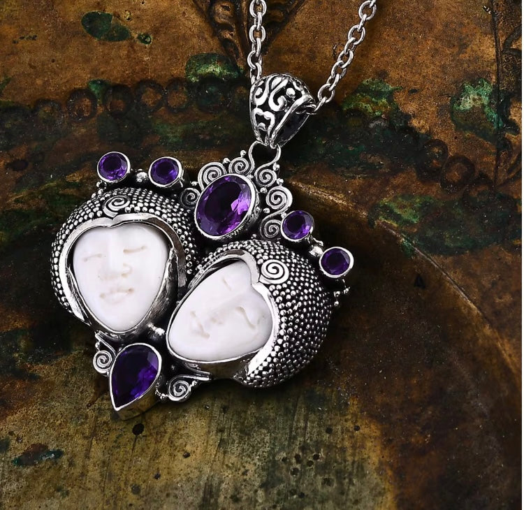 Bali Goddess Gemini Carved Bone Amethyst Silver Pendant