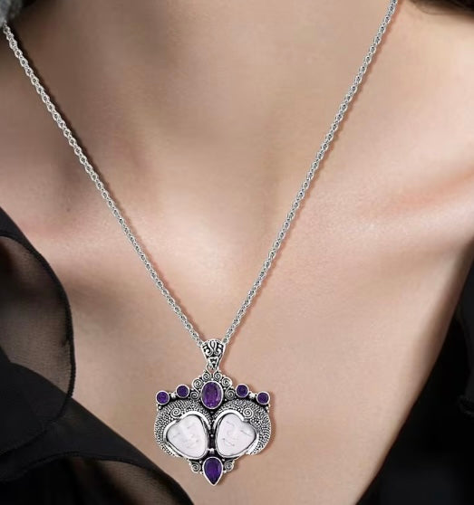 Bali Goddess Gemini Carved Bone Amethyst Silver Pendant