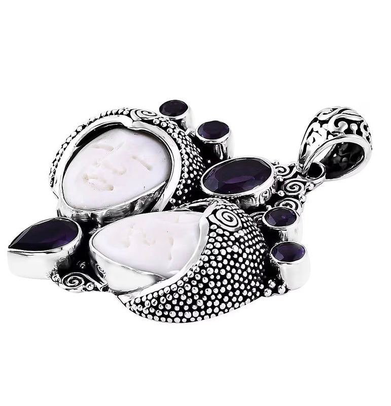 Bali Goddess Gemini Carved Bone Amethyst Silver Pendant