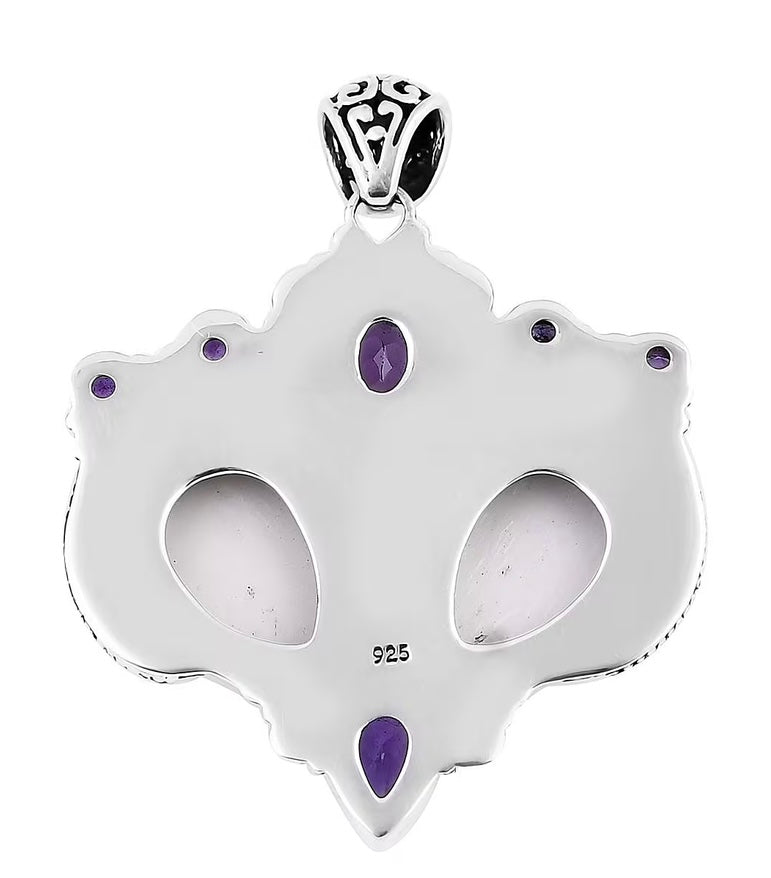 Bali Goddess Gemini Carved Bone Amethyst Silver Pendant