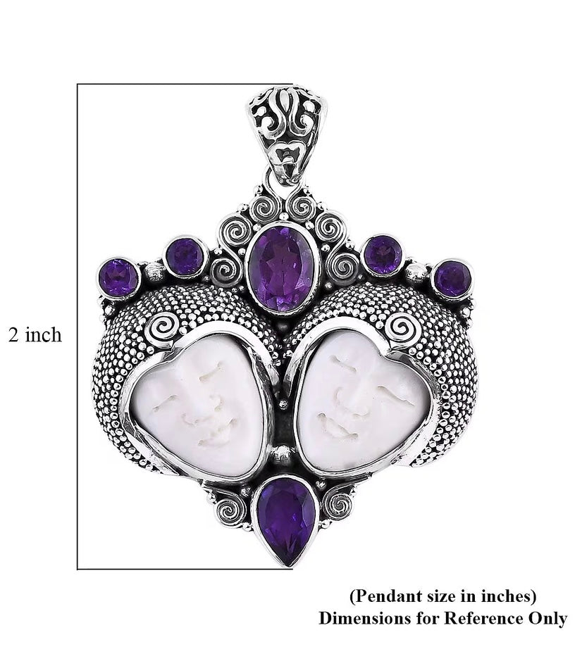 Bali Goddess Gemini Carved Bone Amethyst Silver Pendant