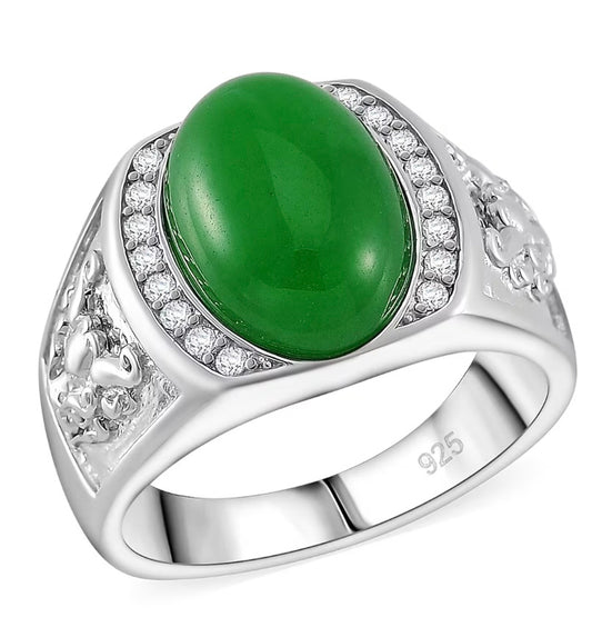 Green Jade Men's Ring Rhodium Over Sterling Silver
