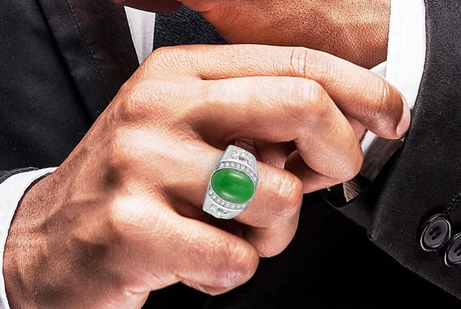 Green Jade Men's Ring Rhodium Over Sterling Silver