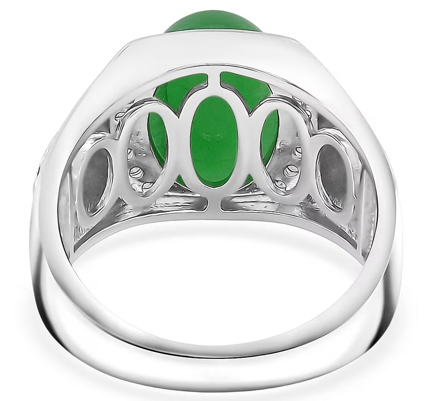 Green Jade Men's Ring Rhodium Over Sterling Silver