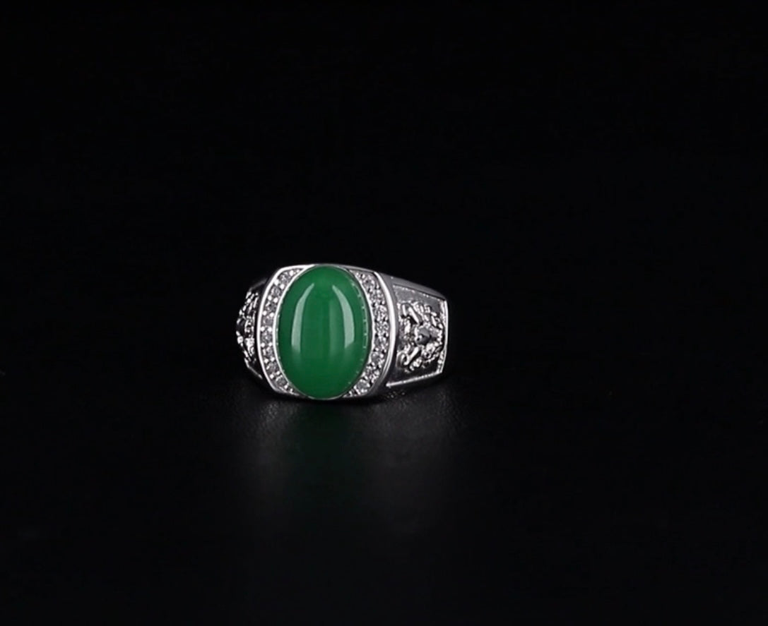 Green Jade Men's Ring Rhodium Over Sterling Silver
