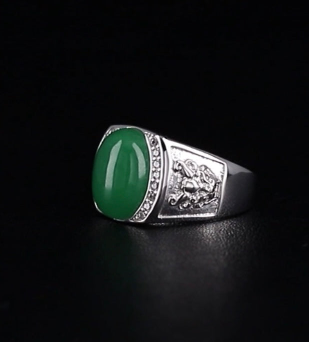 Green Jade Men's Ring Rhodium Over Sterling Silver