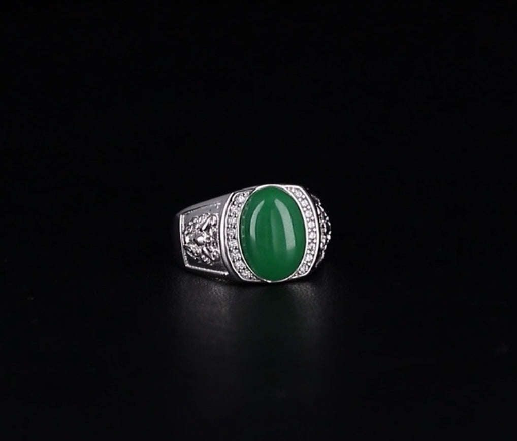 Green Jade Men's Ring Rhodium Over Sterling Silver