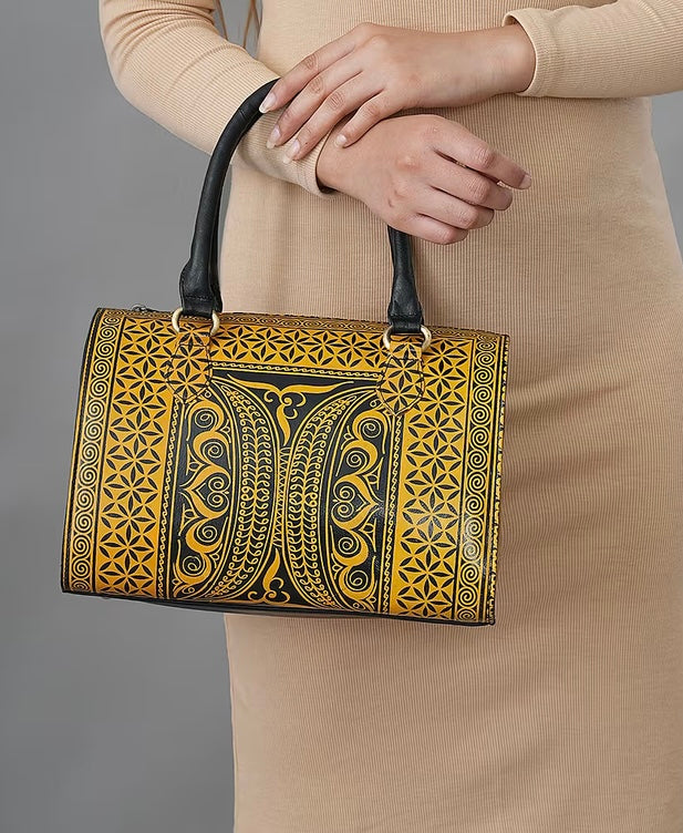 Yellow & Black Hand Painted Leather Handbag