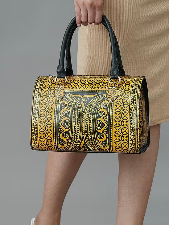 Yellow & Black Hand Painted Leather Handbag
