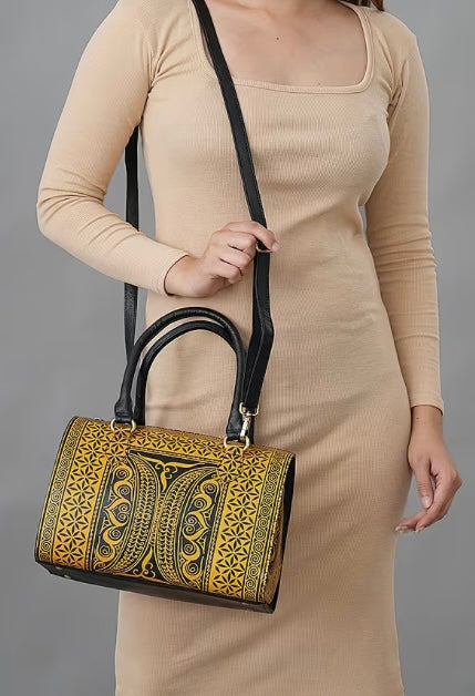 Yellow & Black Hand Painted Leather Handbag