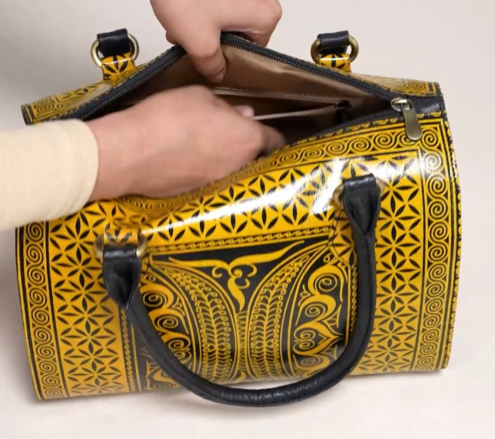 Yellow & Black Hand Painted Leather Handbag