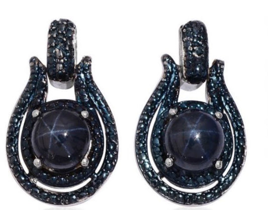 Thai Blue Star Sapphire & Blue Diamond Earrings