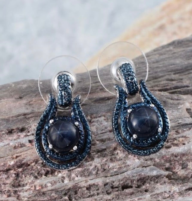 Thai Blue Star Sapphire & Blue Diamond Earrings