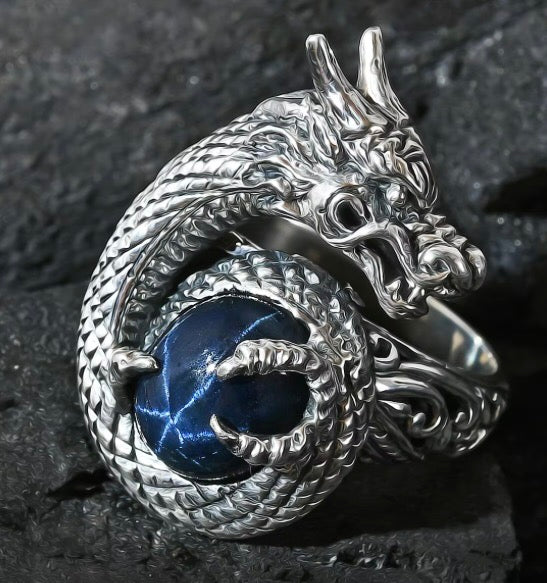 Artisan Crafted Blue Star Sapphire Dragon Ring