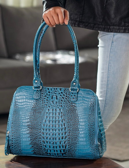 Turquoise Blue Crocodile Embossed Genuine Leather Handbag