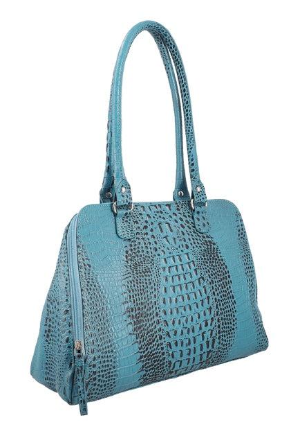 Turquoise Blue Crocodile Embossed Genuine Leather Handbag