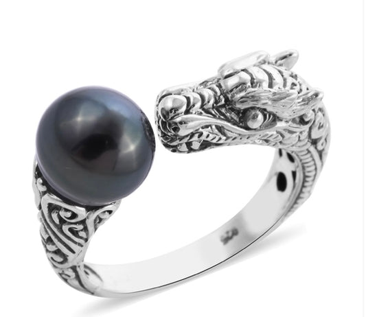 Artisan Crafted Dragon & Tahitian Pearl Silver Ring