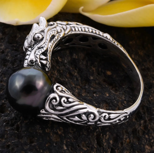 Artisan Crafted Dragon & Tahitian Pearl Silver Ring